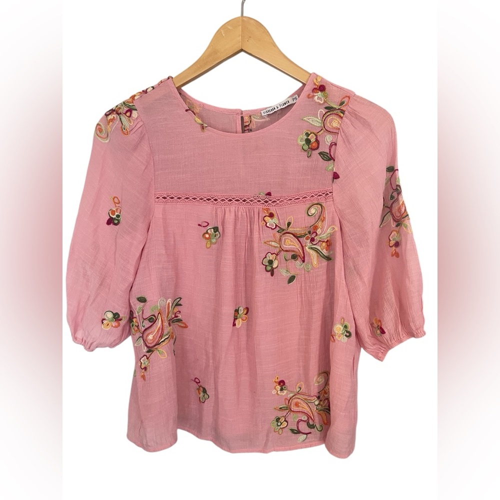 Anthropologie Fig & Flower size Petite Small pink gauze Embroidered Women's Top
